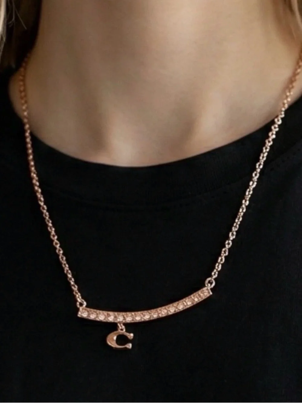 Coach Rose Gold Crystal Bar Necklace with C Initial Charm